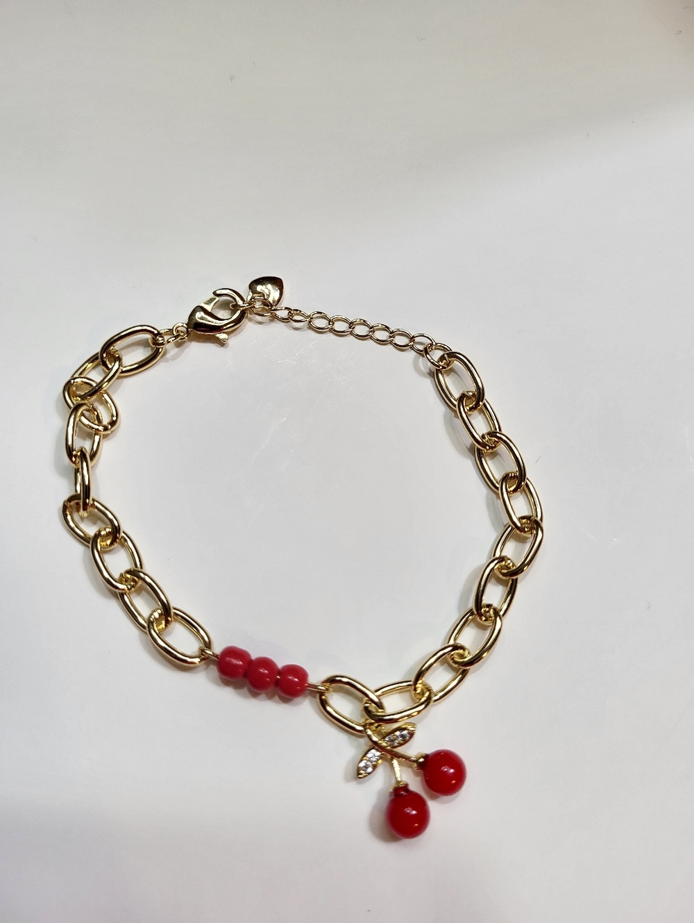 Gold Chain Bracelet with Red Beads and Cherry Charm by